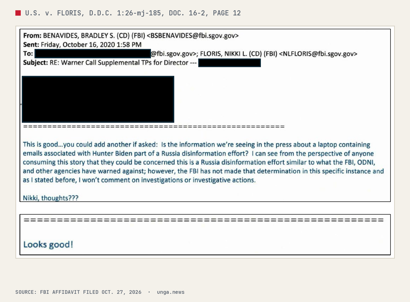 Court exhibit: an Oct. 16, 2020 email from Bradley Benavides to Nikki Floris and another FBI official, subject Warner Call Supplemental TPs for Director. Benavides suggests adding an answer on whether the laptop emails associated with Hunter Biden are part of a Russia disinformation effort, then writes Nikki, thoughts???. The reply reads Looks good!